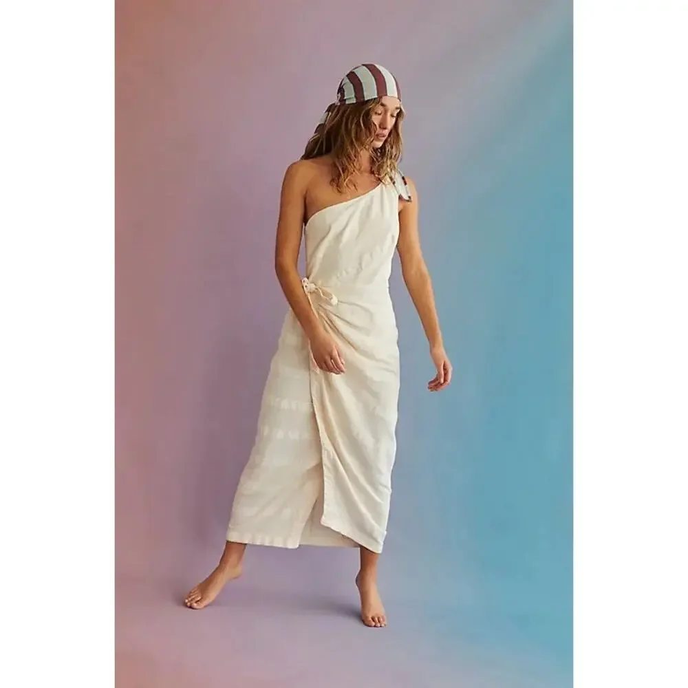 New FREE PEOPLE At Leisure Midi Wrap Dress ONE SHOULDER $98 SMALL Wet Plaster